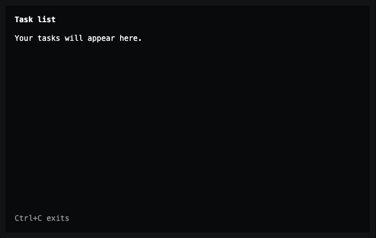 Lesson 1: the Task list title, a Your tasks will appear here placeholder, and the Ctrl+C exits hint.