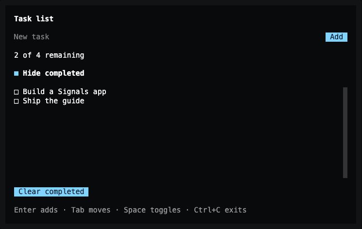 Lesson 5: Hide completed is checked, only Build a Signals app and Ship the guide are visible, and the summary reads 2 of 4 remaining.